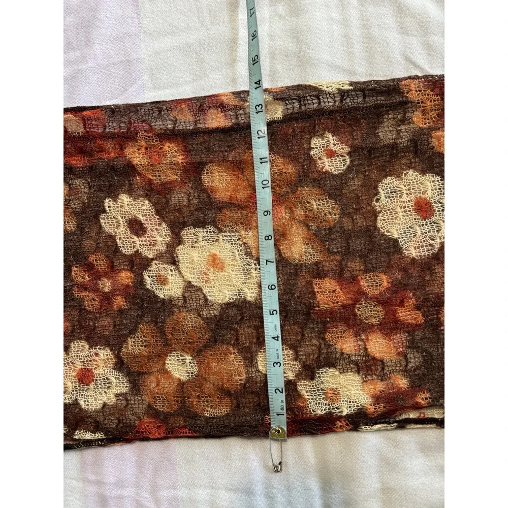 Boho Flowers Brown/Orange‎ Open Knit Lightweight Scarf Pom Poms